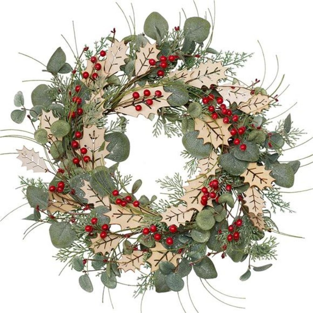 18" Christmas Wreath Traditional Pine Branches Wreath with Wood Leaves & Berries